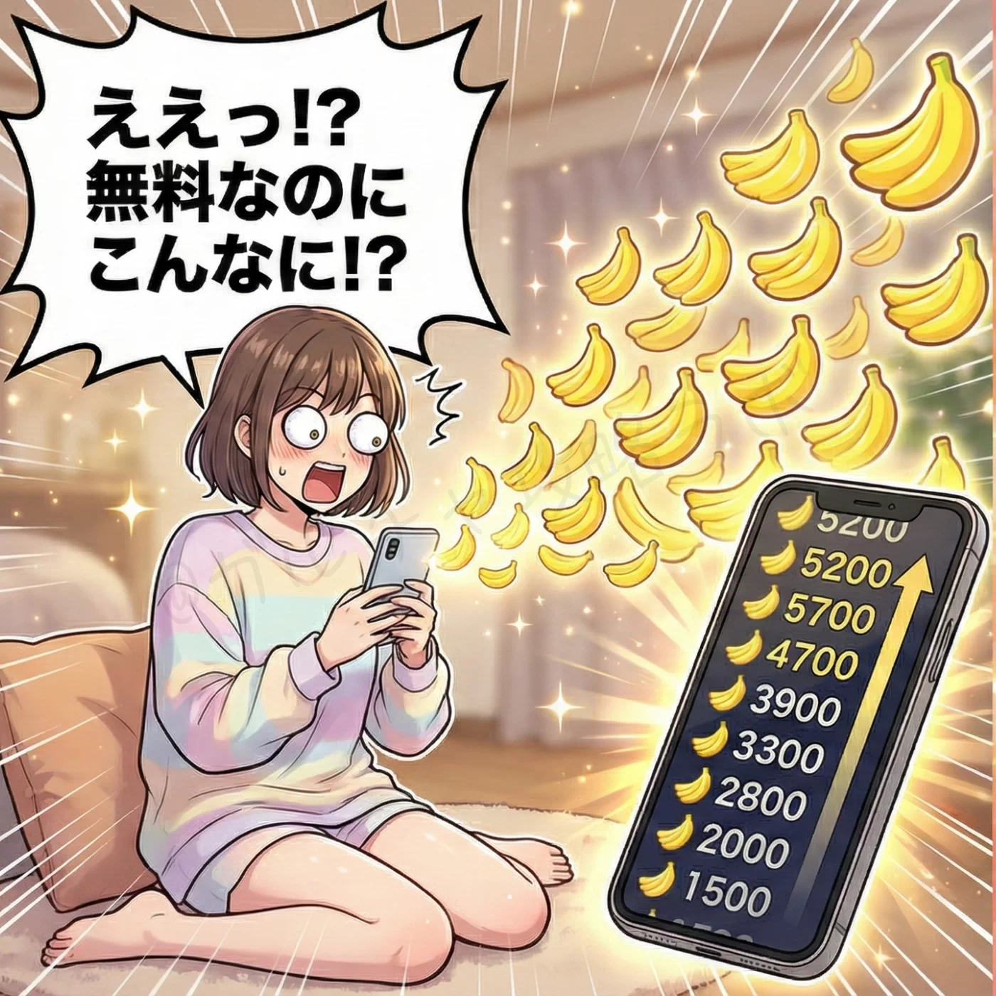漫画コマ：無料配信中のユキがおもちゃギフトの大量発生と報酬アップに驚愕する様子。