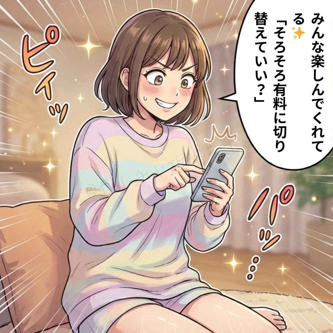 漫画コマ：パジャマ姿のユキが、盛り上がりが最高潮になった瞬間に『有料配信』へ切り替える様子。