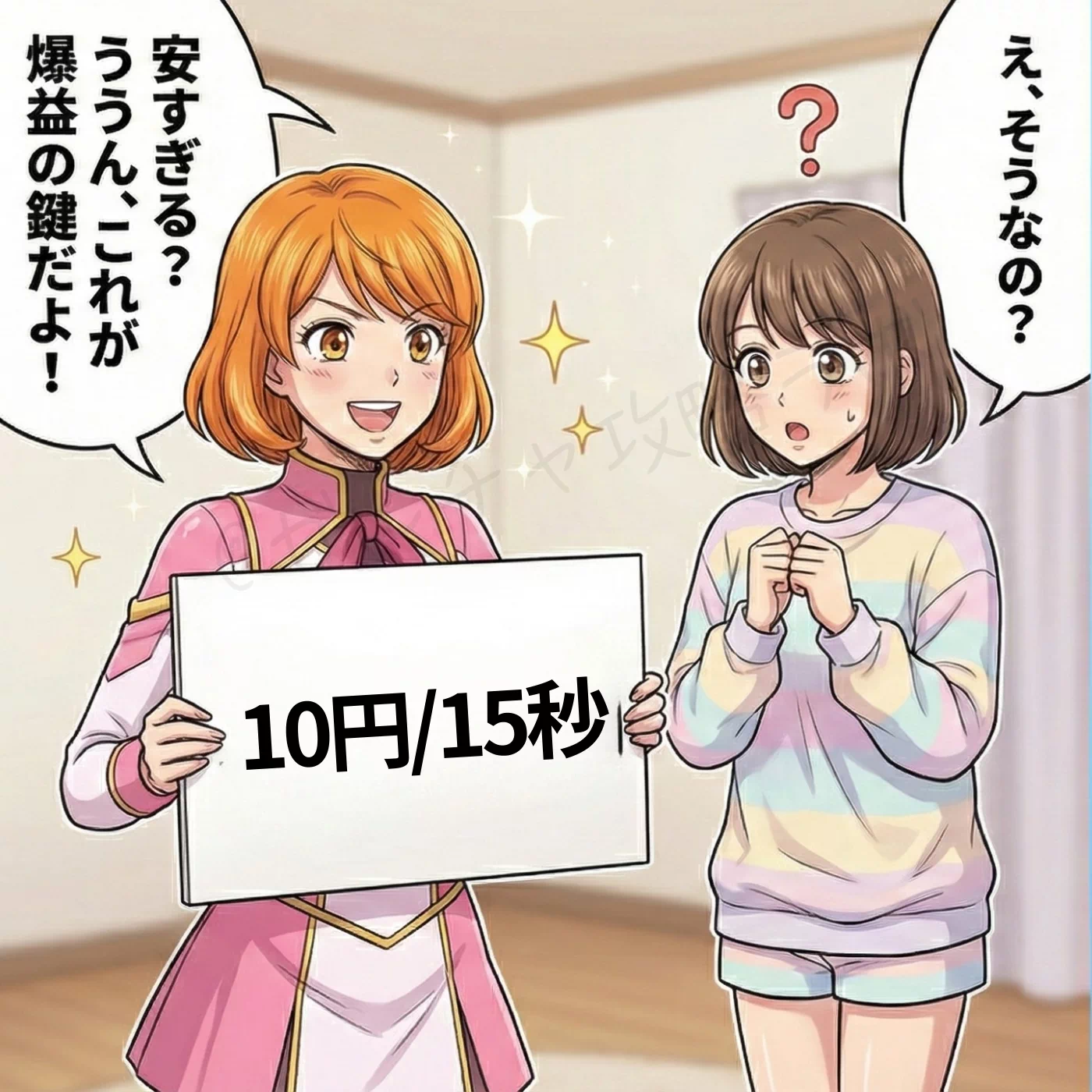 漫画コマ：ナビちゃんが『15秒10円』の料金設定を提示し、驚くパジャマ姿のユキに『これが爆益の鍵』と解説する様子。