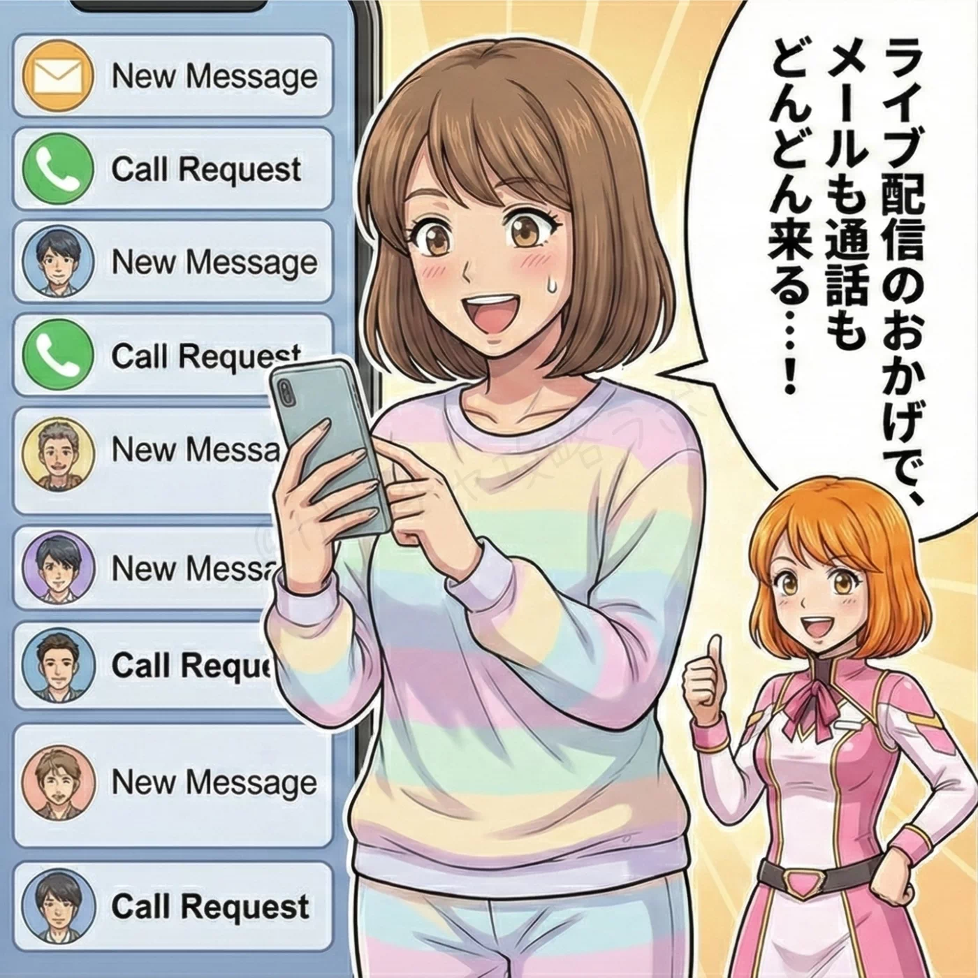 漫画コマ：ライブ配信の効果によりメールや通話の誘いが殺到し、喜ぶユキと誇らしげなナビちゃんの様子。