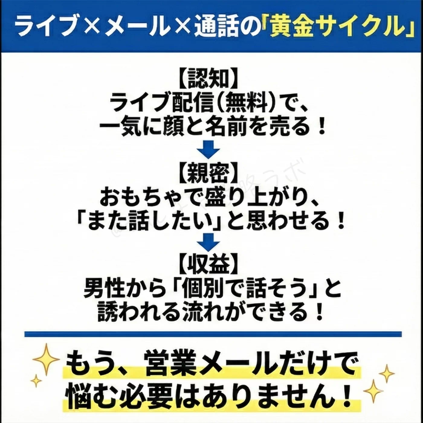 無料ライブで認知を広げ、おもちゃで親密度を高め、最終的に個別通話やメールの収益に繋げる『ライブ×メール×通話の黄金サイクル』を図解。営業メールだけに頼らず、ライブ配信を入り口にファンを増やす成功の勝ちパターンを提示している。
