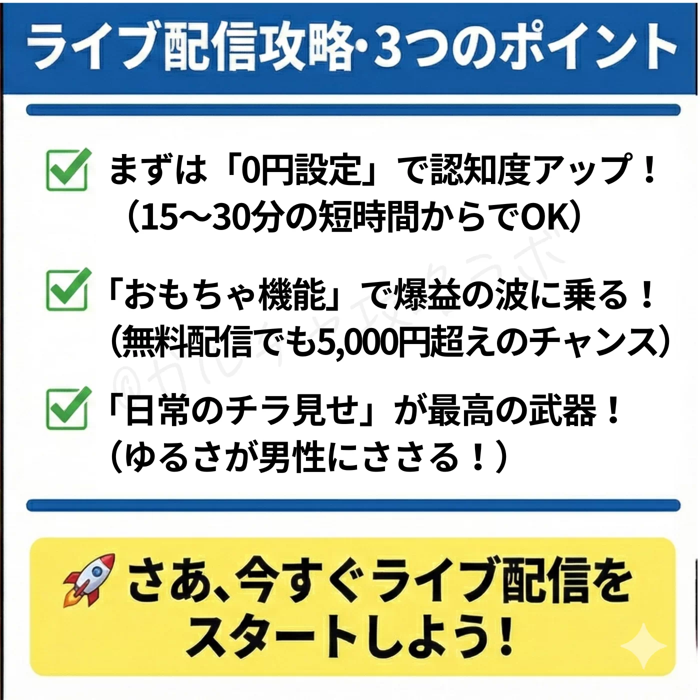 『ライブ配信攻略・3つのポイント』として、0円設定での認知度アップ、おもちゃ機能による5,000円超えの収益チャンス、パジャマ等の部屋着による日常のスキの演出をチェックリスト形式で解説。最後にライブ配信のスタートを促す、まとめの図解画像。