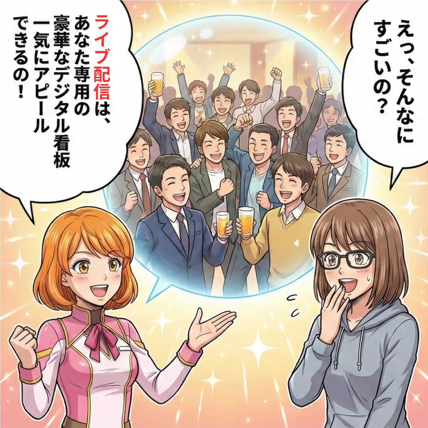 ナビちゃんがユキに「ライブ配信はあなた専用の豪華なデジタル看板」とメリットを解説し、ユキが驚きと期待を見せる様子。